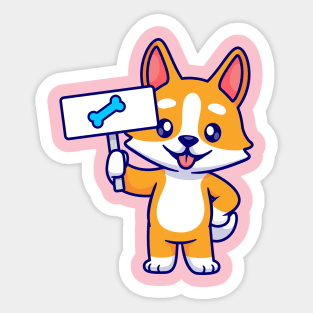 Cute Corgi Dog Holding Bone Board Cartoon Sticker